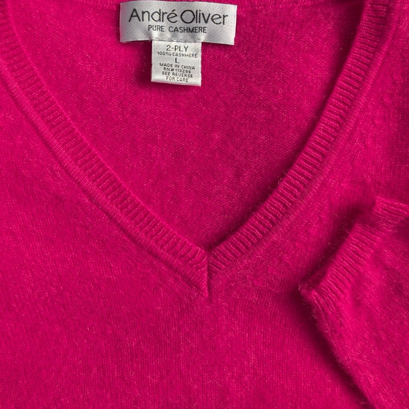 Andre Oliver 100% 2-Ply Pure Cashmere V-Neck Sweater, Fuchsia Pink, Size L