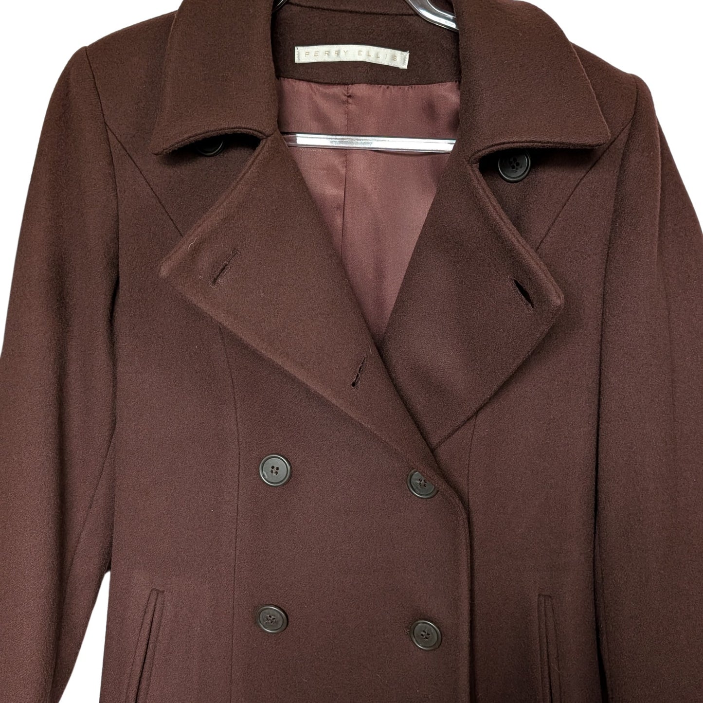 Perry Ellis 100% Merino Wool A-Line Princess Coat Chocolate Brown