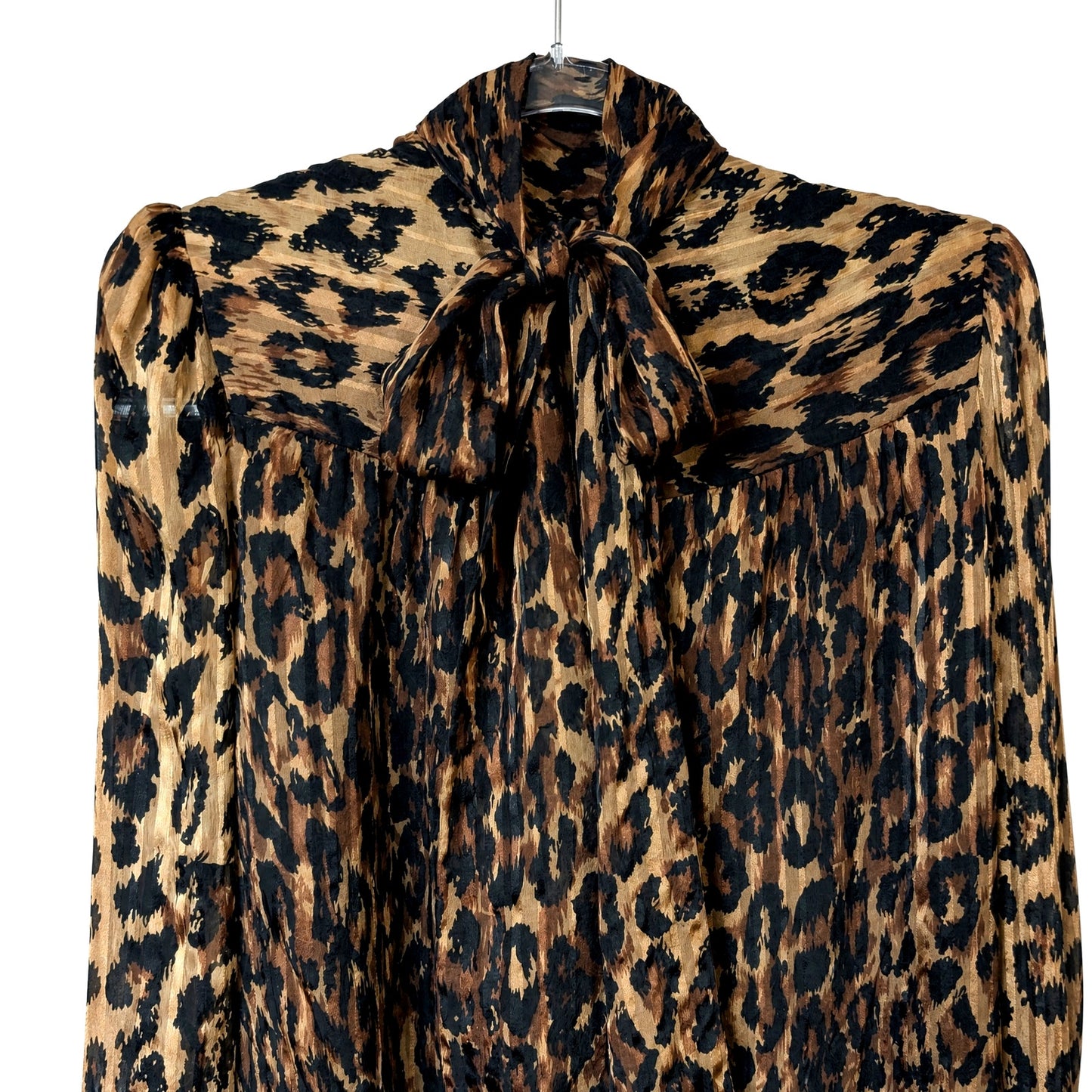 100% Silk Stanley Sherman Leopard Print Midi Dress | Bow Tie Neck