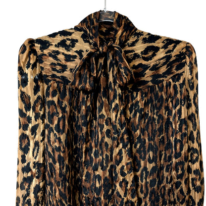 100% Silk Stanley Sherman Leopard Print Midi Dress | Bow Tie Neck