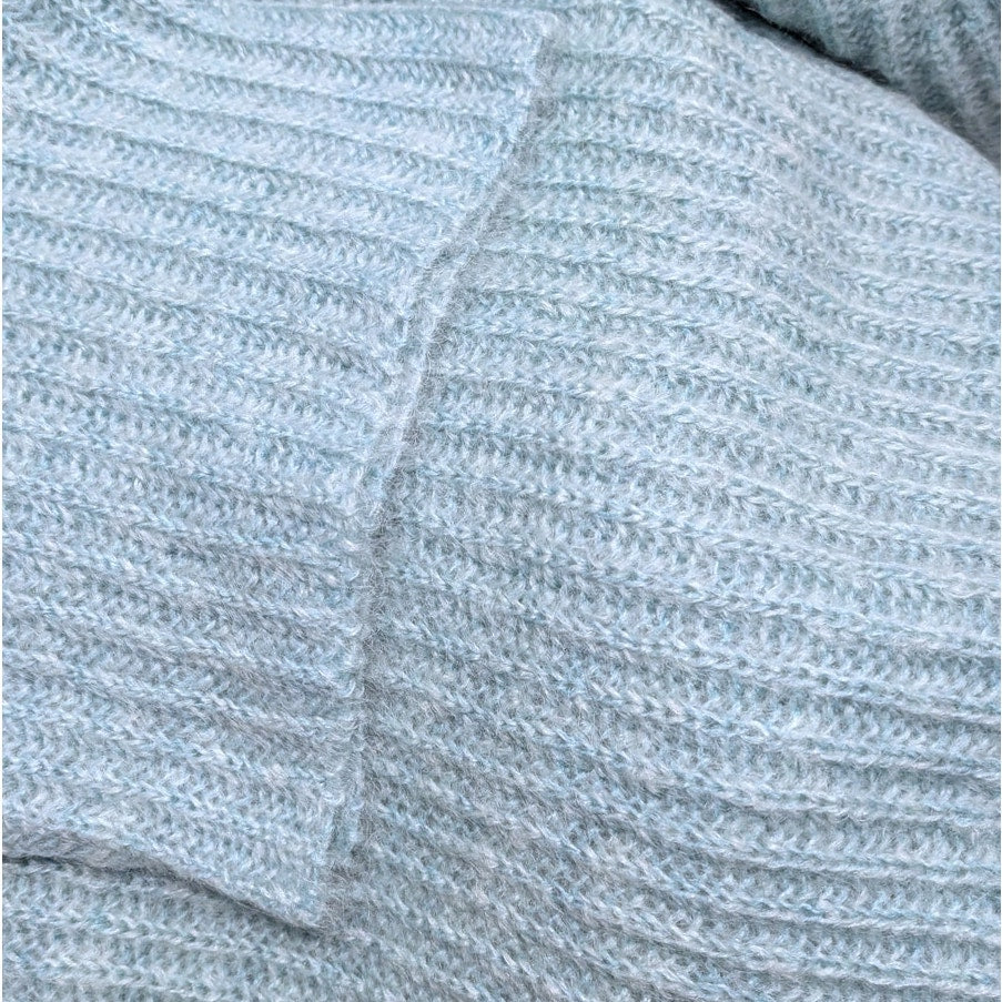 Light Blue Mohair Wool Blend Cropped Turtleneck Sweater, Chunky Wide Rib Knit