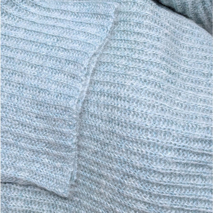 Light Blue Mohair Wool Blend Cropped Turtleneck Sweater, Chunky Wide Rib Knit