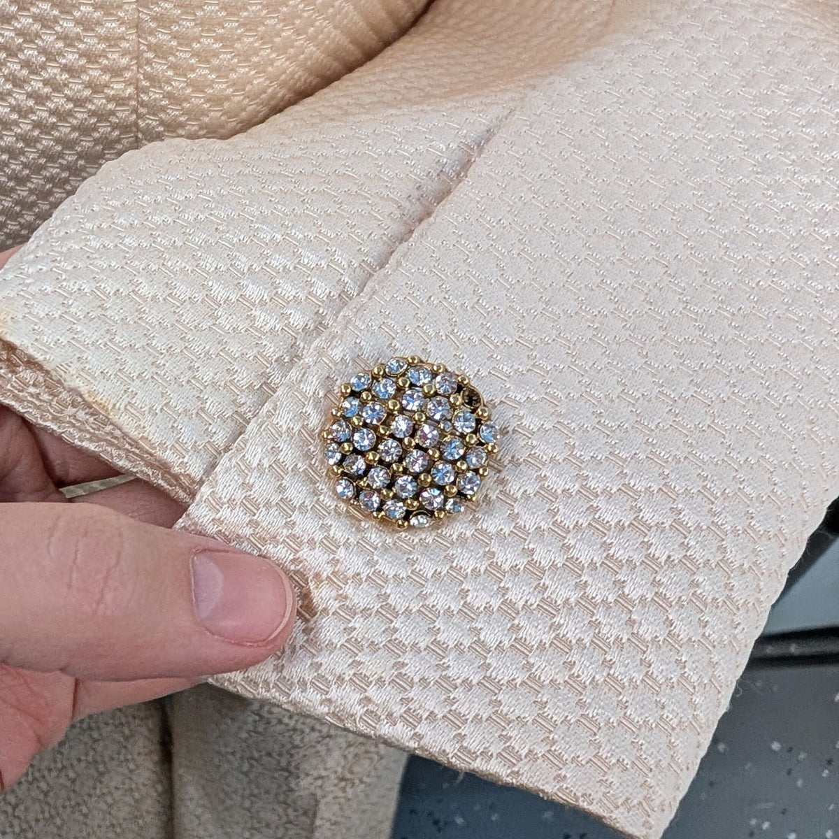 Cream Textured Rhinestone Button Jacket Blazer