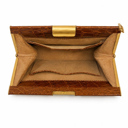 Vintage 100% Genuine Crocodile Skin Handbag Brown Suede Lined Gold Frame Shoulder Strap Mirror