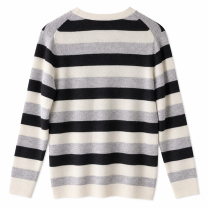 Charter Club Luxury 100% Cashmere Striped V-Neck Sweater, Black Gray Ivory, M