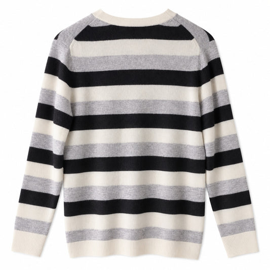 Charter Club Luxury 100% Cashmere Striped V-Neck Sweater, Black Gray Ivory, M