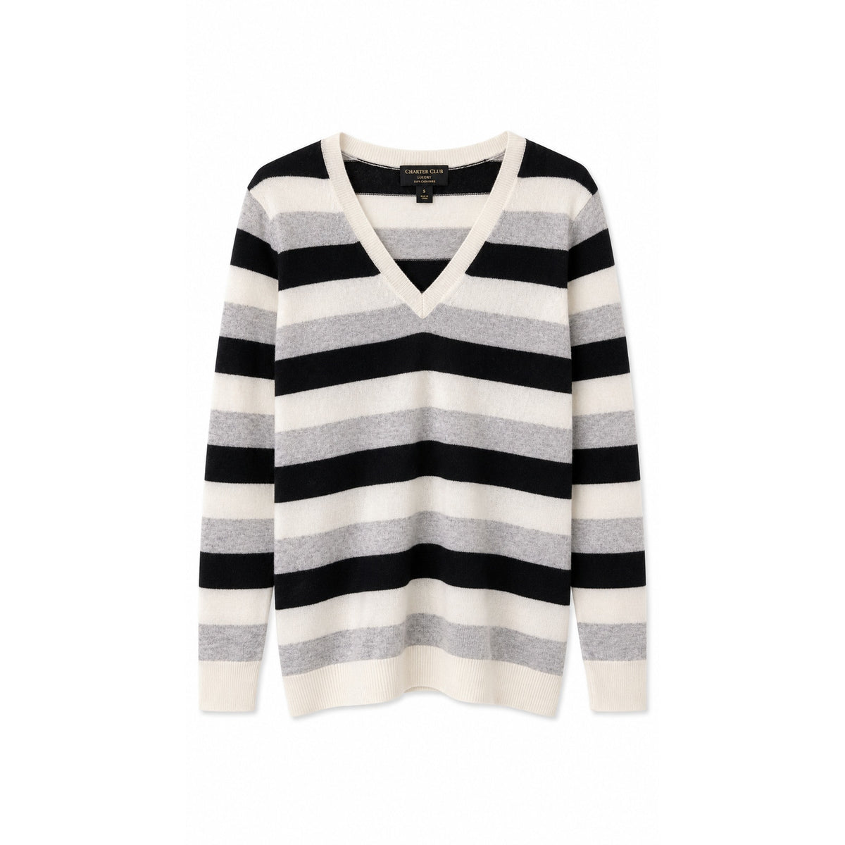Charter Club Luxury 100% Cashmere Striped V-Neck Sweater, Black Gray Ivory, M