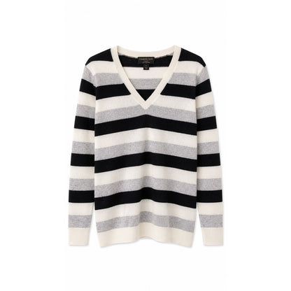 Charter Club Luxury 100% Cashmere Striped V-Neck Sweater, Black Gray Ivory, M
