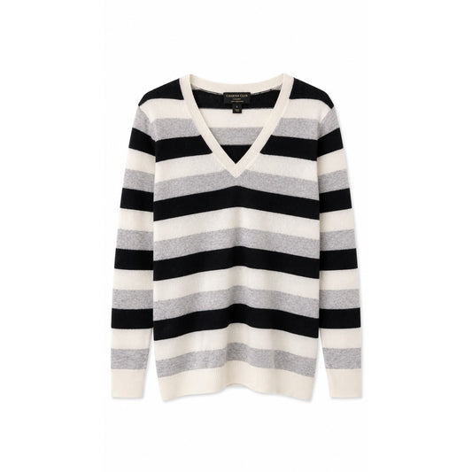 Charter Club Luxury 100% Cashmere Striped V-Neck Sweater, Black Gray Ivory, M