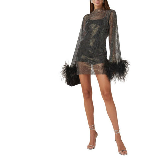 Santa Brands Black Rhinestone Ostrich Feather Mini Dress
