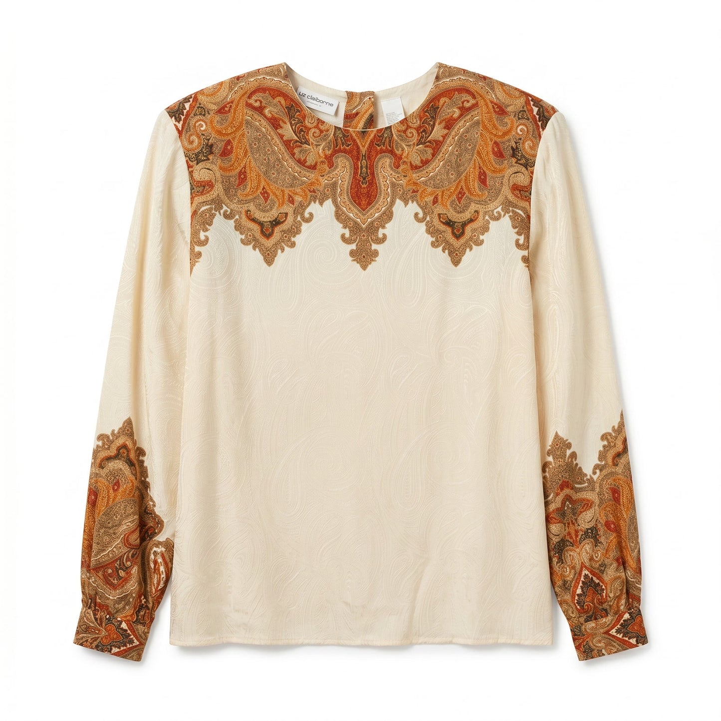 100% Silk Liz Claiborne Collection Cream Paisley Border Print Blouse