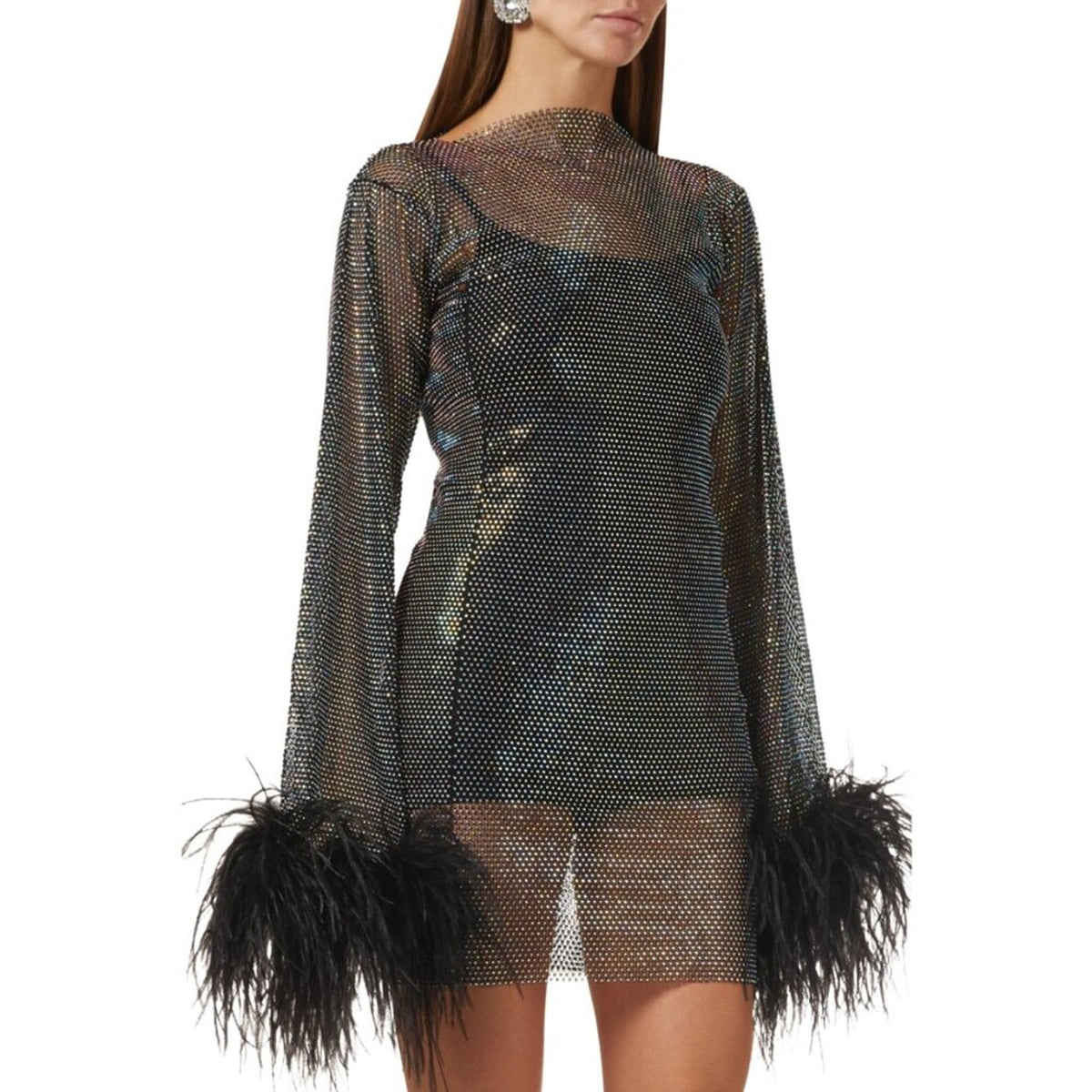 Santa Brands Black Rhinestone Ostrich Feather Mini Dress