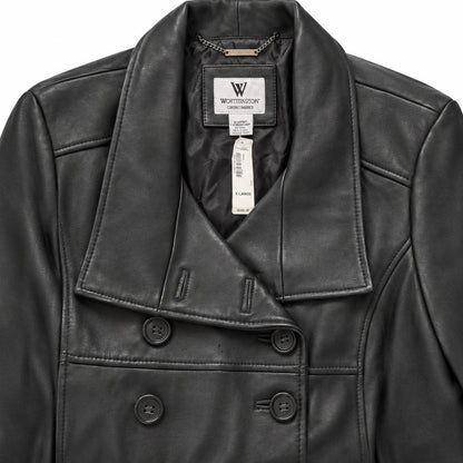 Worthington Black Genuine Lambskin Leather Peacoat Jacket Double Breasted XL NWT