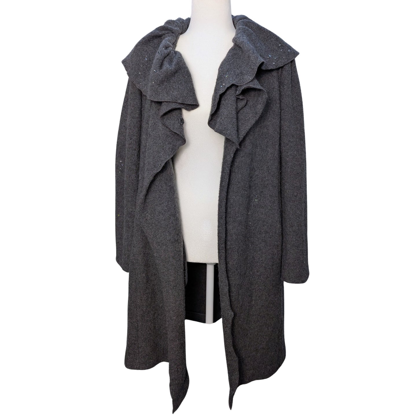 Upcycled Charcoal Wool Coat with Austrian Crystal Raindrop Embellishment