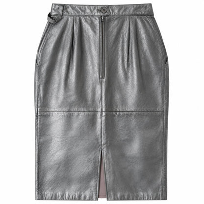 Vintage Silver Metallic Genuine Leather Pencil Skirt Back Slit Pleated XS