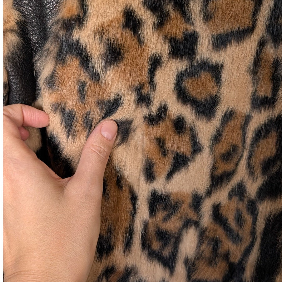 Pam & Gela Genuine Rabbit Fur Leather Leopard Bomber Jacket Size S