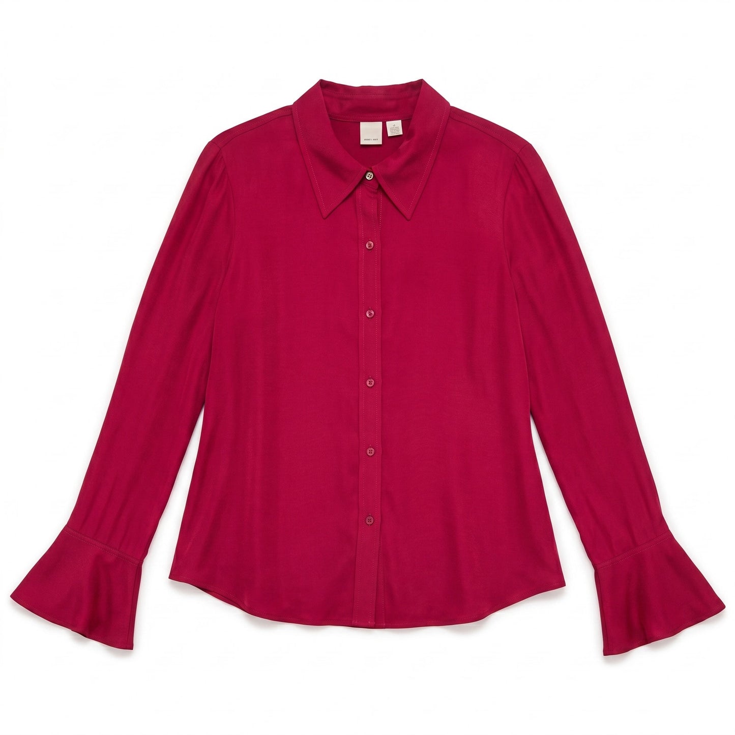 100% Silk Cherry Red Caslon Button-Down Blouse | Flared Bell Cuffs