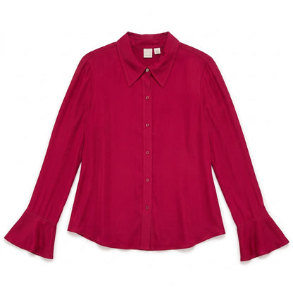 100% Silk Cherry Red Caslon Button-Down Blouse | Flared Bell Cuffs