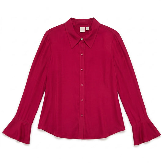 100% Silk Cherry Red Button-Down Blouse Caslon | Flared Bell Cuffs | L