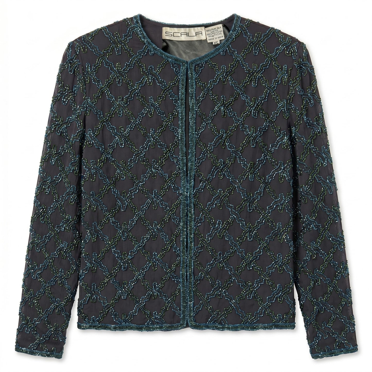 100% Silk Scala Beaded Evening Jacket Black Teal Green Seed Bead Geometric XL