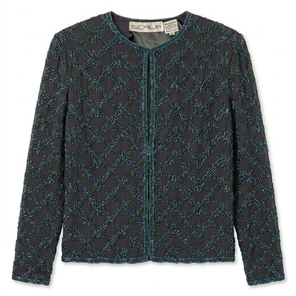100% Silk Scala Beaded Evening Jacket Black Teal Green Seed Bead Geometric XL