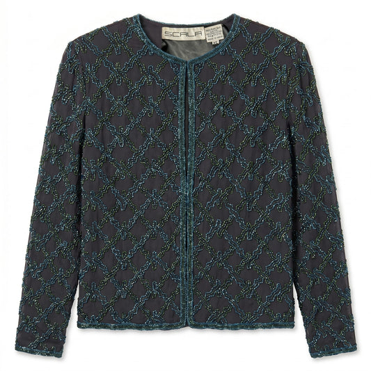 100% Silk Black Teal Green Seed Bead Geometric Evening Jacket Scala | XL