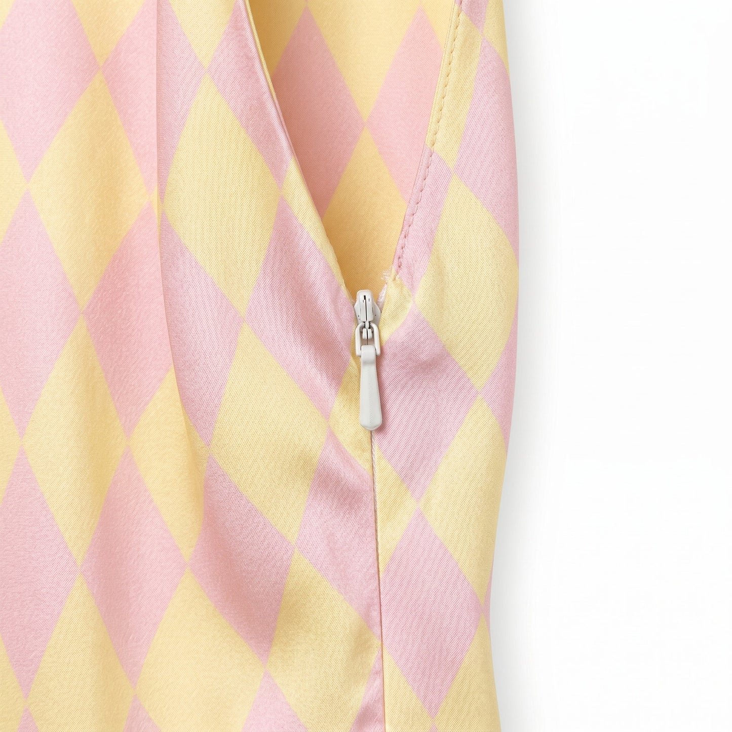 100% Silk Olivia Rubin Pink Yellow Harlequin Diamond  Slip Maxi | US 4 | Spaghetti Straps