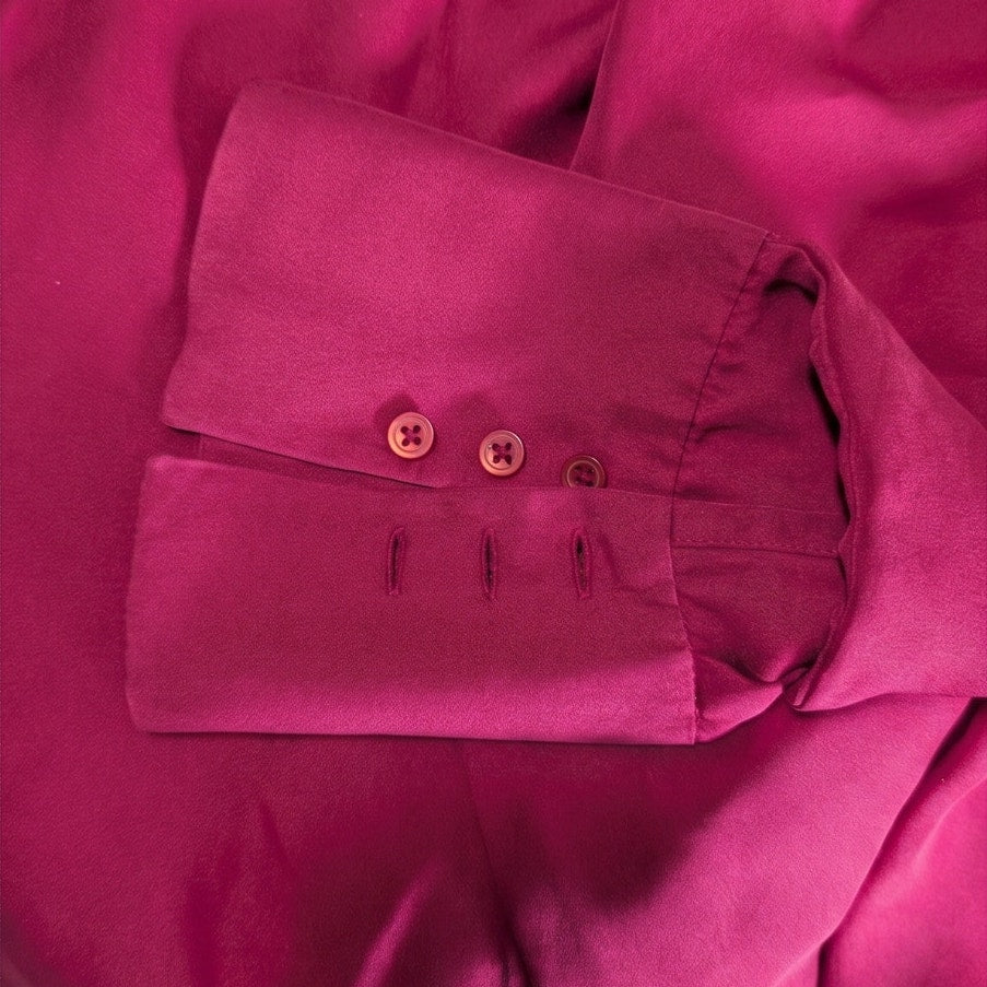 100% Silk Cherry Red Caslon Button-Down Blouse | Flared Bell Cuffs