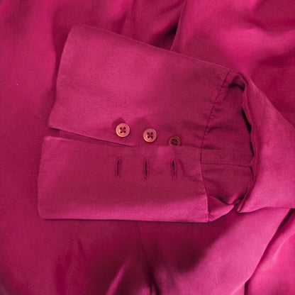 100% Silk Cherry Red Caslon Button-Down Blouse | Flared Bell Cuffs