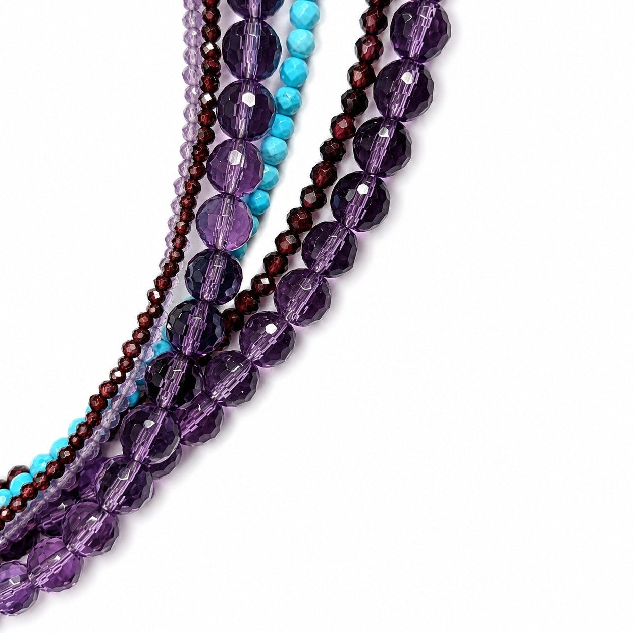 Artisan 6 Strand Garnet Amethyst Turquoise Necklace Sterling Silver Adjustable
