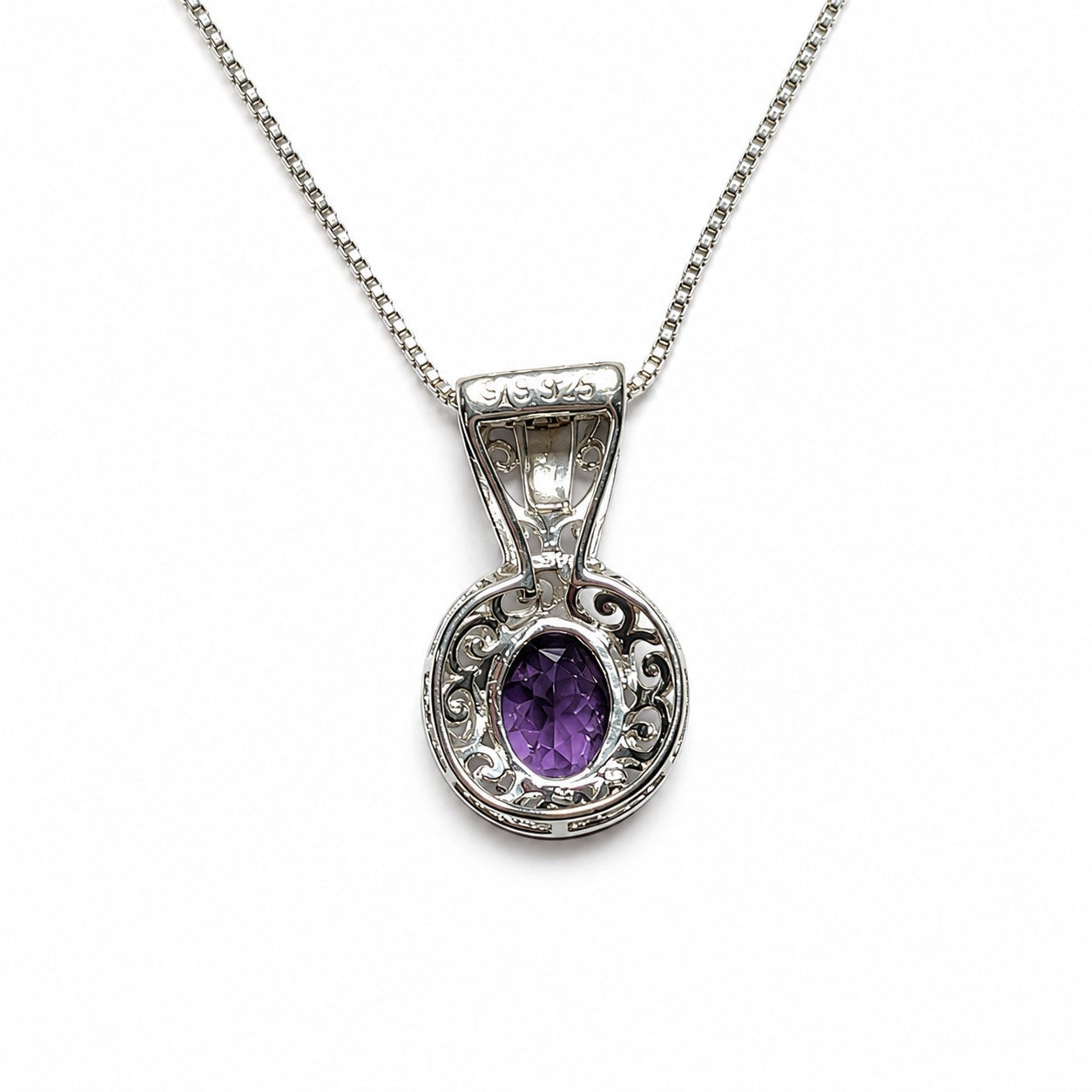 925 Sterling Silver Amethyst Jewelry Set Necklace & Stud Earrings Filigree New