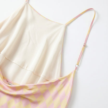 100% Silk Olivia Rubin Pink Yellow Harlequin Diamond  Slip Maxi | US 4 | Spaghetti Straps