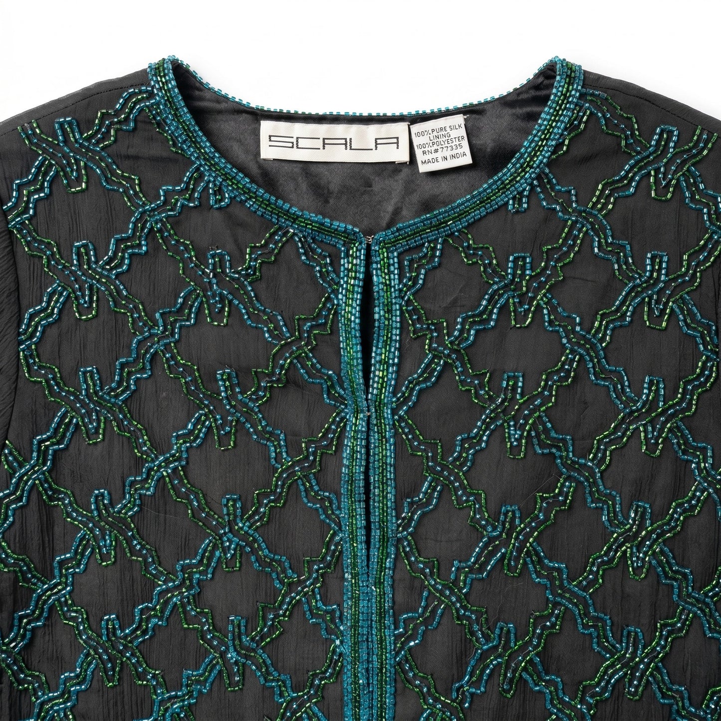 100% Silk Scala Beaded Evening Jacket Black Teal Green Seed Bead Geometric XL