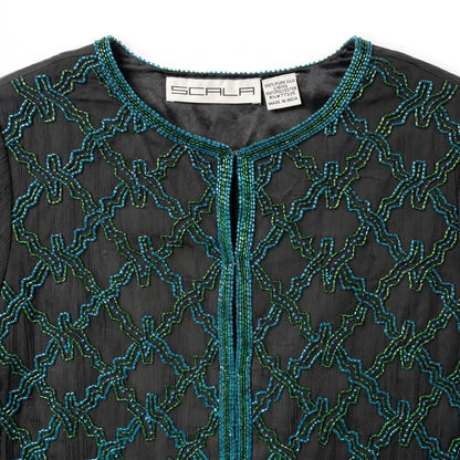 100% Silk Scala Beaded Evening Jacket Black Teal Green Seed Bead Geometric XL