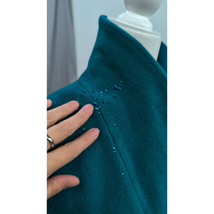 Vintage Teal Wool Double-Breasted Coat with Austrian Crystal Detail