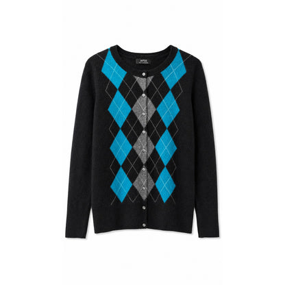 Apt. 9 100% Cashmere Argyle Cardigan Sweater, Black Turquoise Gray, Size L