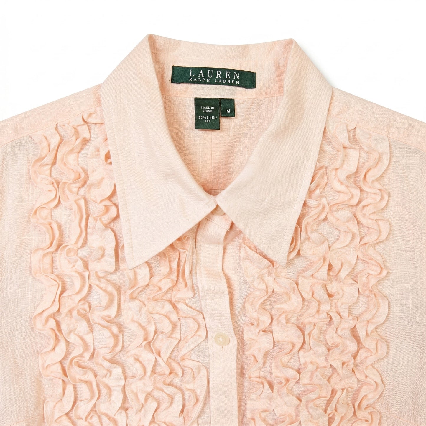 100% Linen Lauren Ralph Lauren M Blush Peach Ruffle-Front Shirt