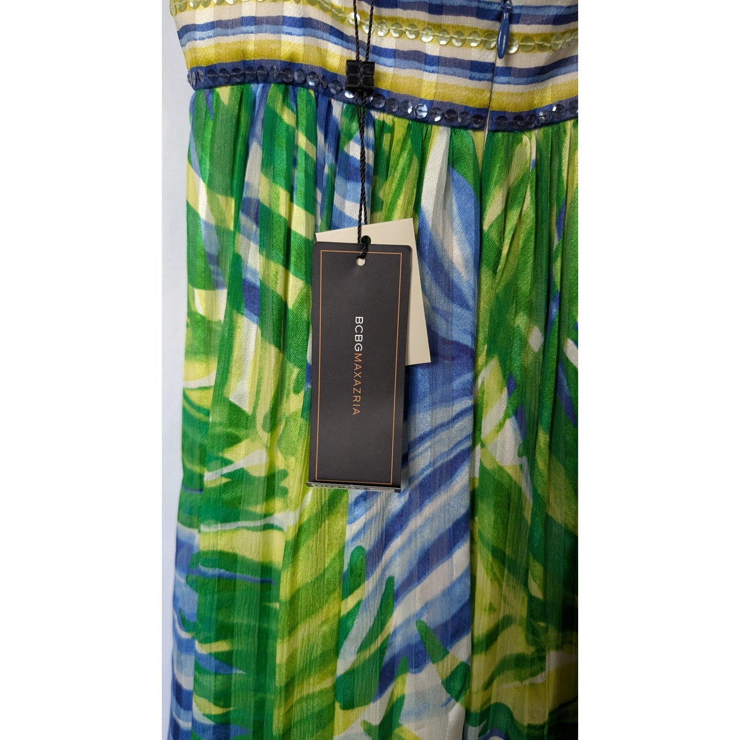 NWT 100% Silk BCBG Max Azria Tropical Print Halter Maxi | Sequin Empire Waist
