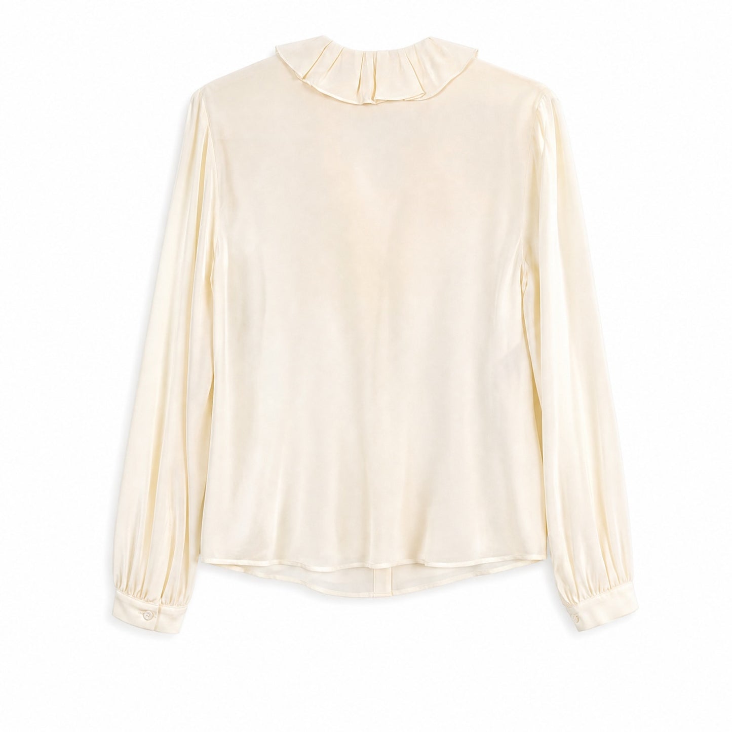 NWT 100%Silk Tara Jarmon  Cream Ecru Crepe Silk Ruffle Neck Blouse | Balloon Sleeves | US 6