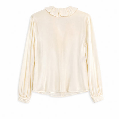 NWT 100%Silk Tara Jarmon  Cream Ecru Crepe Silk Ruffle Neck Blouse | Balloon Sleeves | US 6