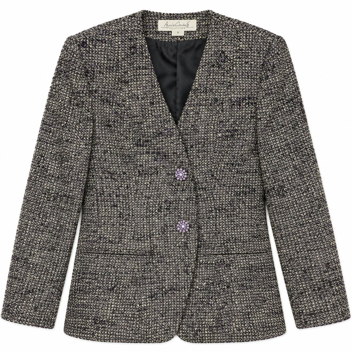 Tweed Gray and Purple Fitted Blazer with Crystal Buttons