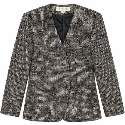 Tweed Gray and Purple Fitted Blazer with Crystal Buttons