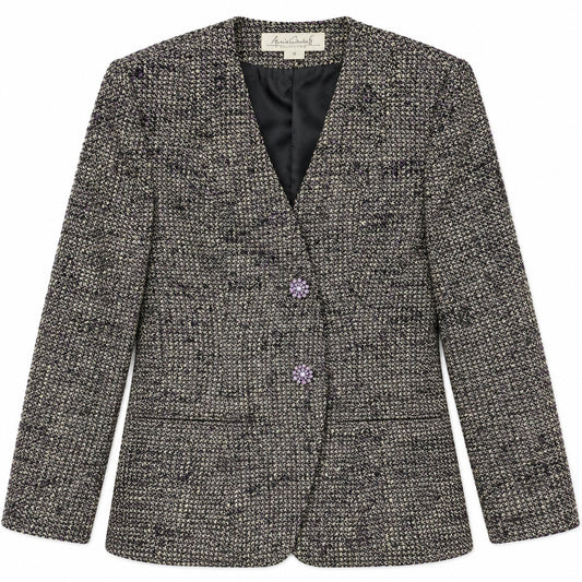 Tweed Gray and Purple Fitted Blazer with Crystal Buttons
