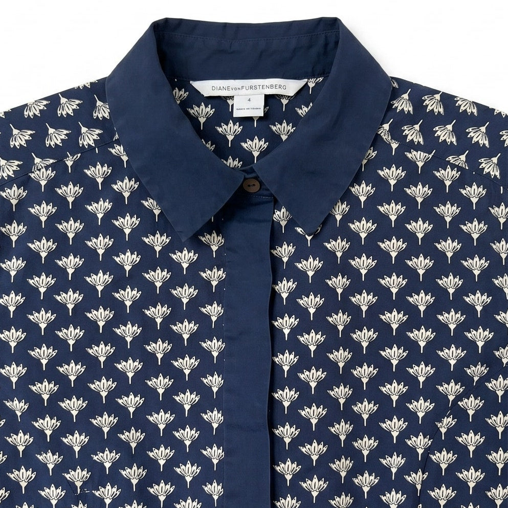 100% Cotton DVF Diane Von Furstenberg Skylar Navy Lotus Print Polo Dress | Cap Sleeves