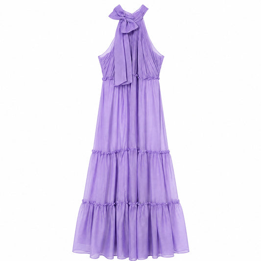 Lena Mac Duggal Lavender Halter Bow Tiered Maxi Dress 8