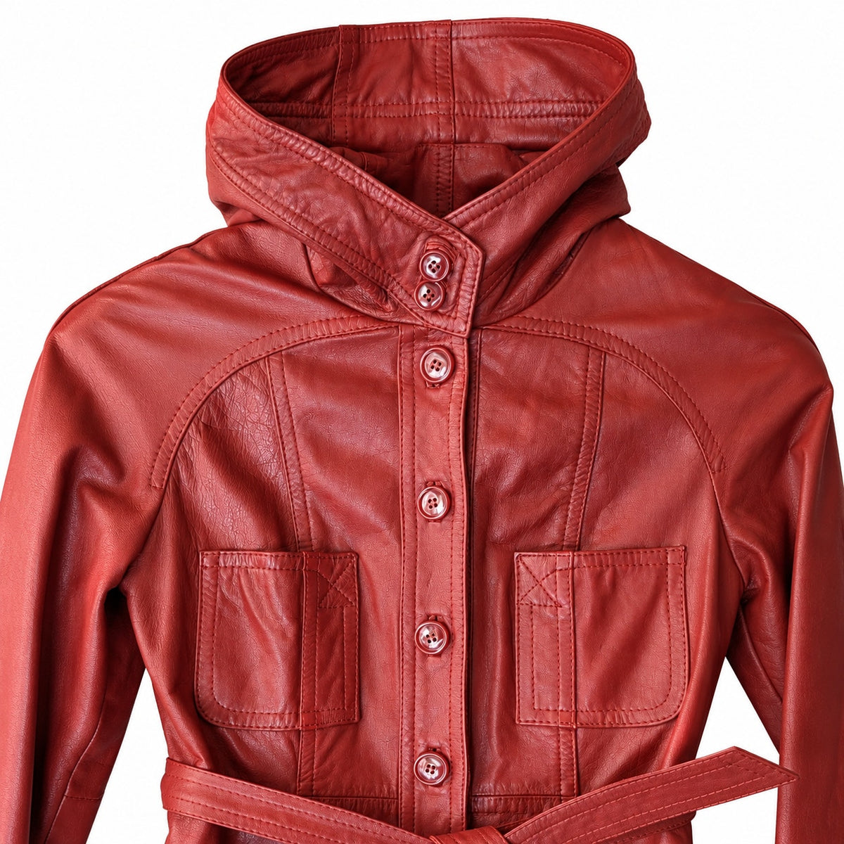 Vintage Red genuine Leather Hooded Belted Trench Coat Button Front Midi 70s