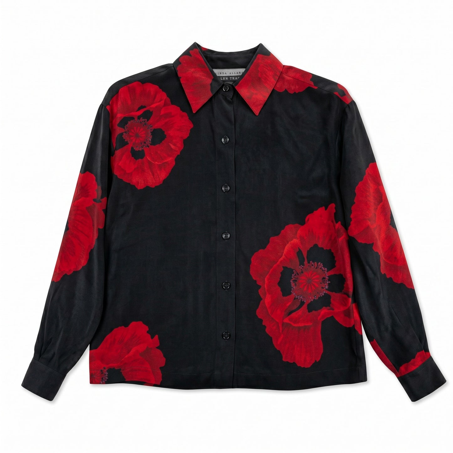 100% Silk Linda Allard Ellen Tracy Black Poppy Blouse Bold Red Floral | Button-Down