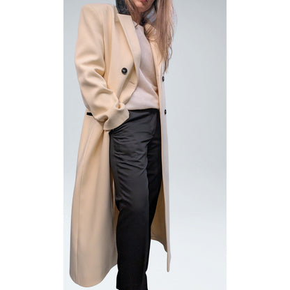 Vintage Cream Double-Breasted Wool Maxi Coat with Black Velvet Collar