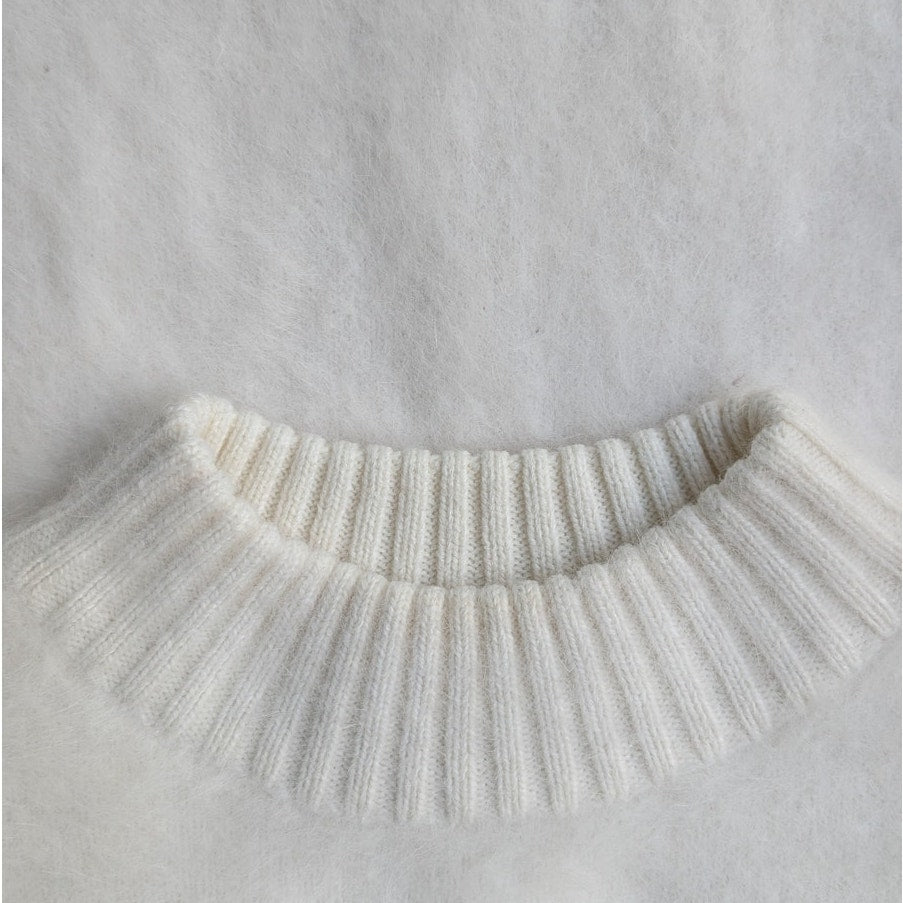 White Fuzzy Wool Angora Feel Mock Neck Sweater, Double Layer Knit, Size M