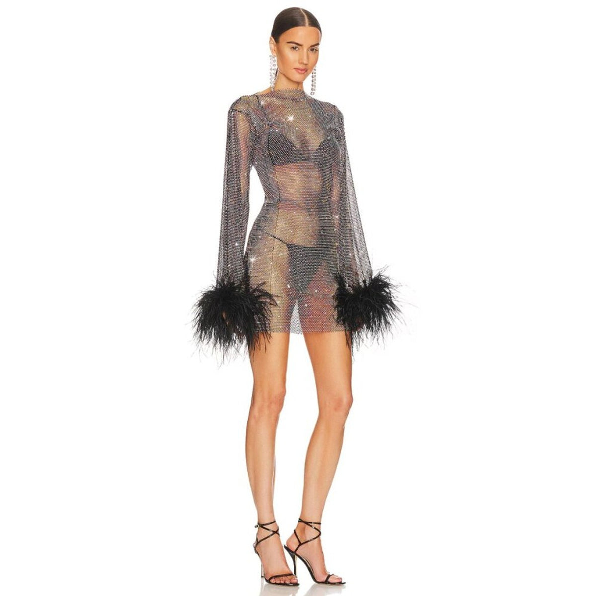Santa Brands Black Rhinestone Ostrich Feather Mini Dress
